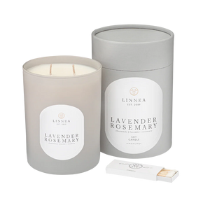 LINNEA Lavender Rosemary candle in a gray container with a white label on a white background.