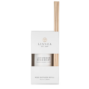 LINNEA lavender rosemary reed diffuser refill packaging on a white background