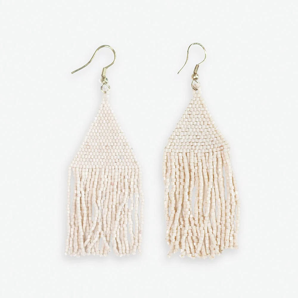 Solid cream beaded fringe earrings. 