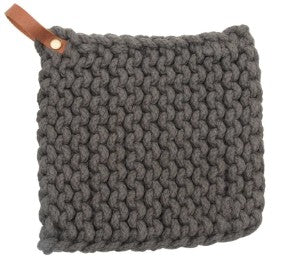 Gray pot holder with a brown leather strap on a white background