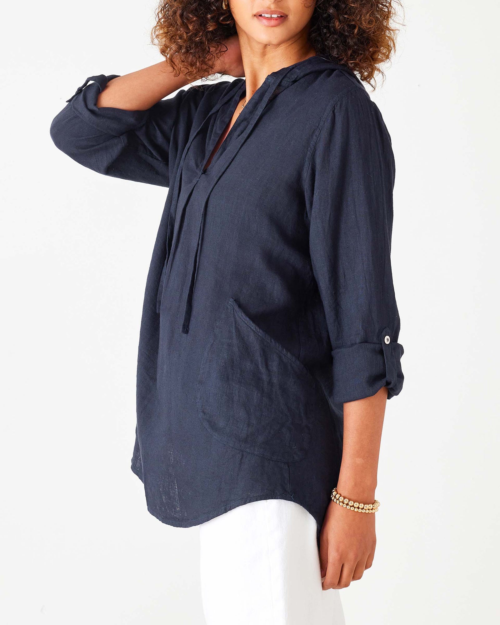 Navy linen blend tunic with hoodie. Mersea. 
