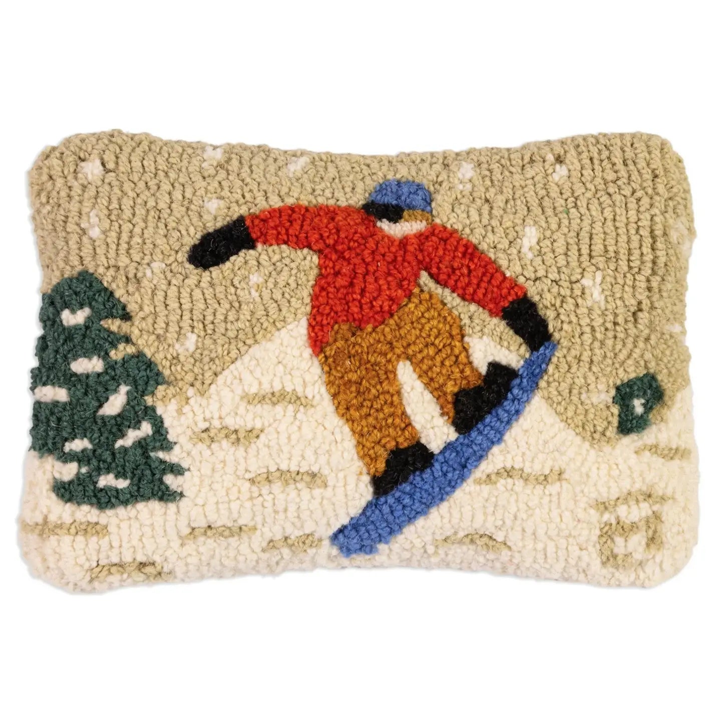Wool lumbar pillow featuring a snowboarder in a red jacket and brown pants on a blue board, set against a snowy white background with a green pine tree on the left. Chandler 4 Corner