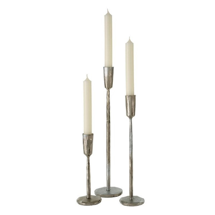 set of three tiered hammered silver candle holders