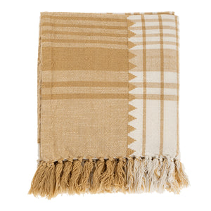 Ochre and cream plaid cotton blanket with tassels against a white background.