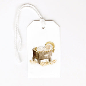 watercolor holiday gift tag set with manger image. Emily Lex. Holiday stationary. 