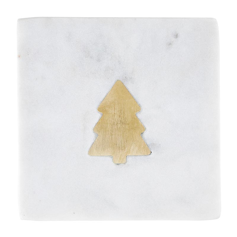 Square white marble holiday coasters with gold tree inlay