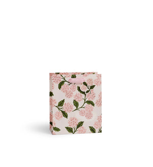 Medium sized Pink hydrangea patterned gift bag product on a white background.