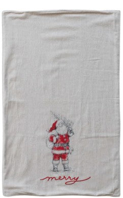 cotton tea towel with Santa wearing red suit with toy bag and embroidered word "merry" at the bottom. 