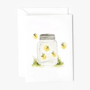 Mini greeting card with watercolor illustrations of yellow fireflies in a mason jar. Emily Lex. 