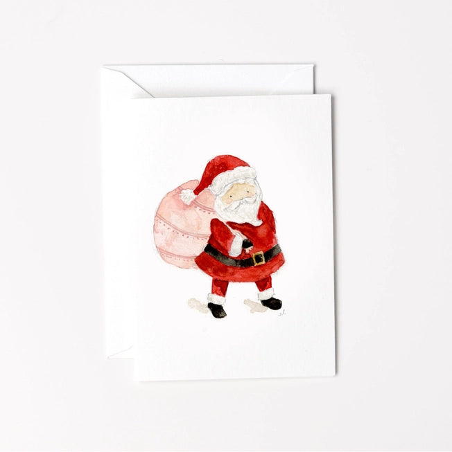 Mini Santa with bag holiday notecard. Emily Lex. Holiday stationary.