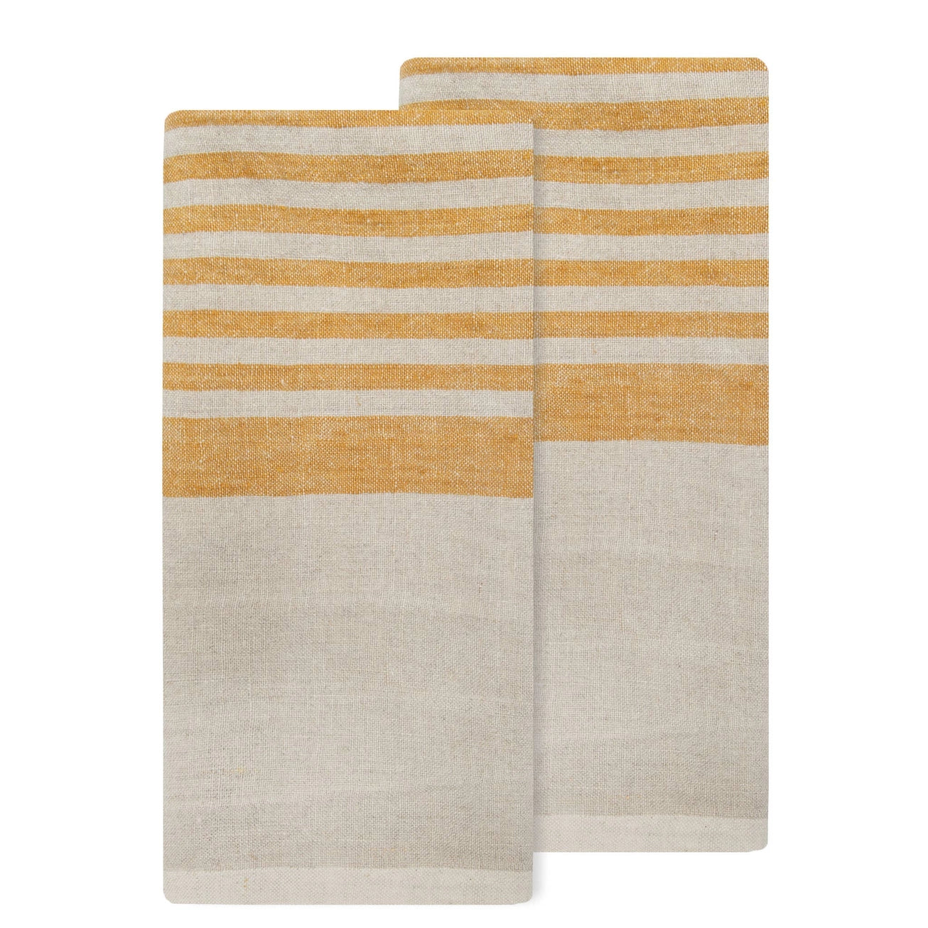 Two cotton and linen tea towels with mustard yellow and beige stripe pattern on a white background. Caravan Collection. 