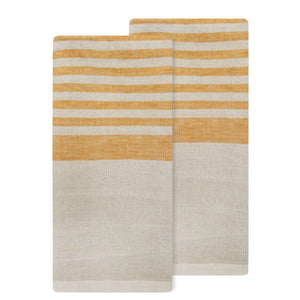 Two cotton and linen tea towels with mustard yellow and beige stripe pattern on a white background. Caravan Collection. 