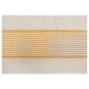 Natural linen tea towel with mustard yellow striped pattern displayed horizontally on a white background. 