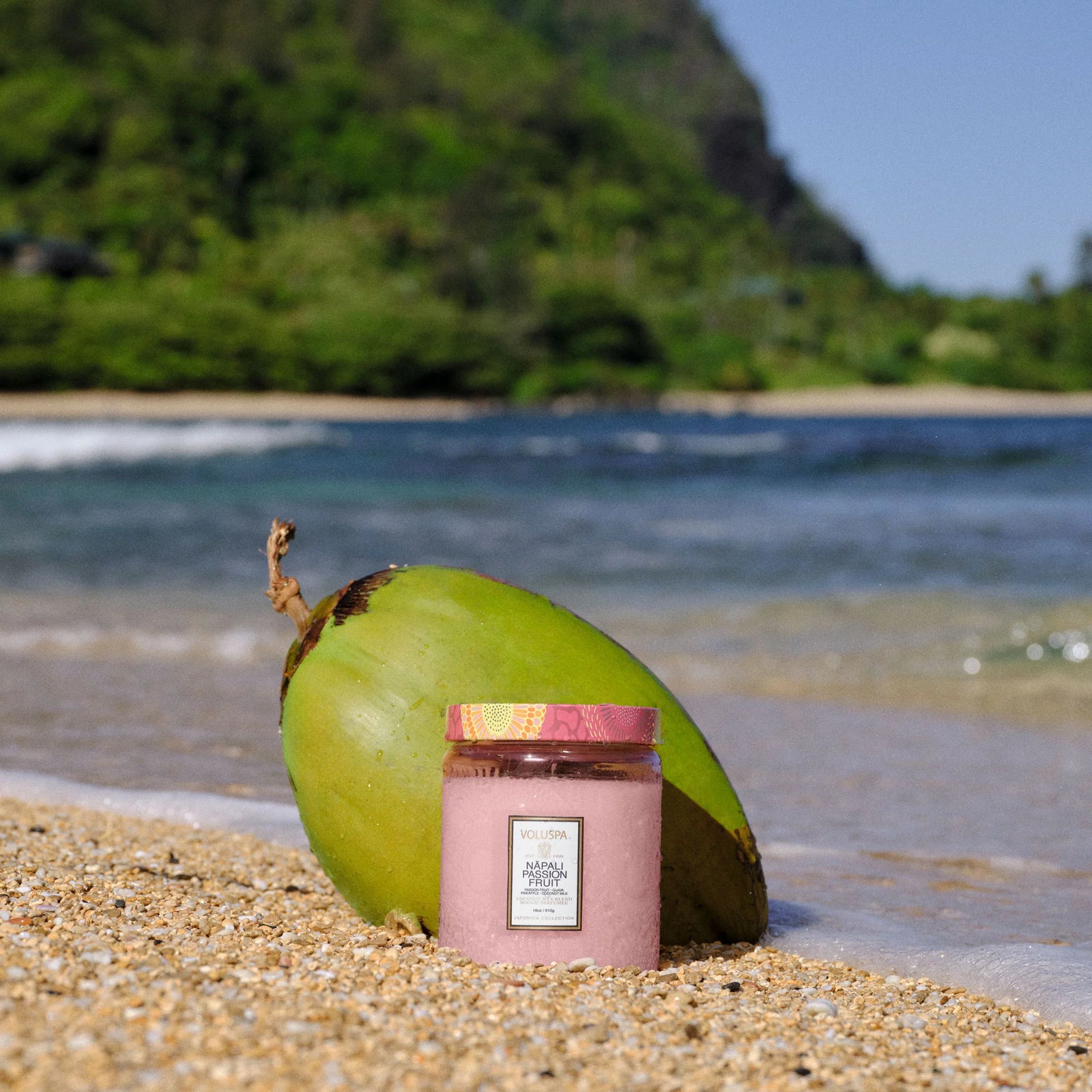 Pink jar with a label on a beach with a coconut and ocean view