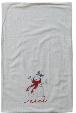 cotton tea towel with snowman wearing red scarf and embroidered word "noel" at the bottom. 