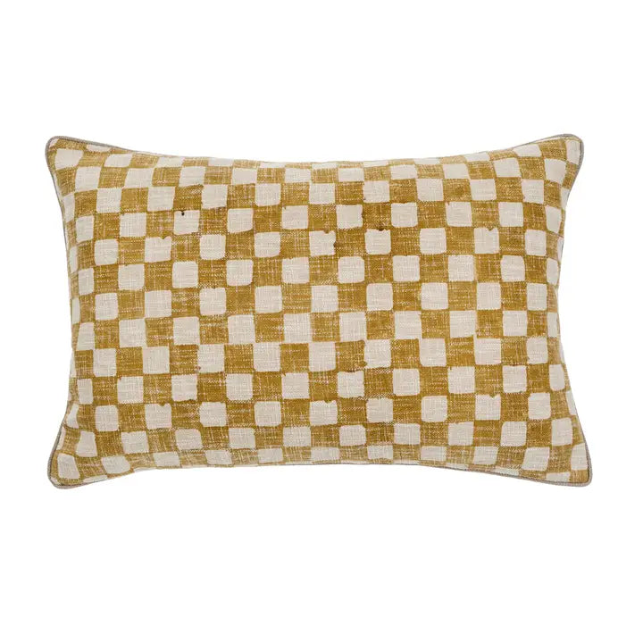 Ochre Checkered Linen Lumbar Pillow