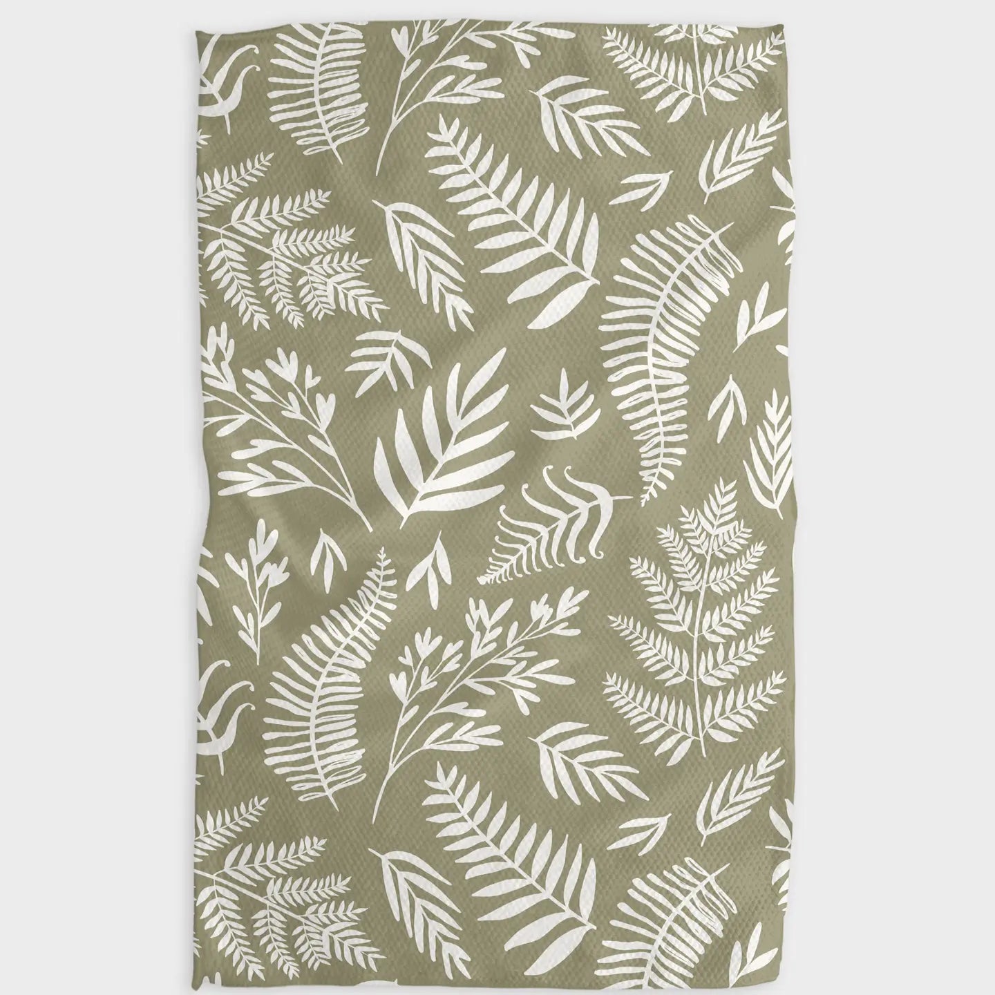 Towel with white olive leaf pattern on a green background