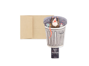 Pop up greeting card of a possum in a trash can celebrating on a white background with brown envelope included. "Let's get trashed"
