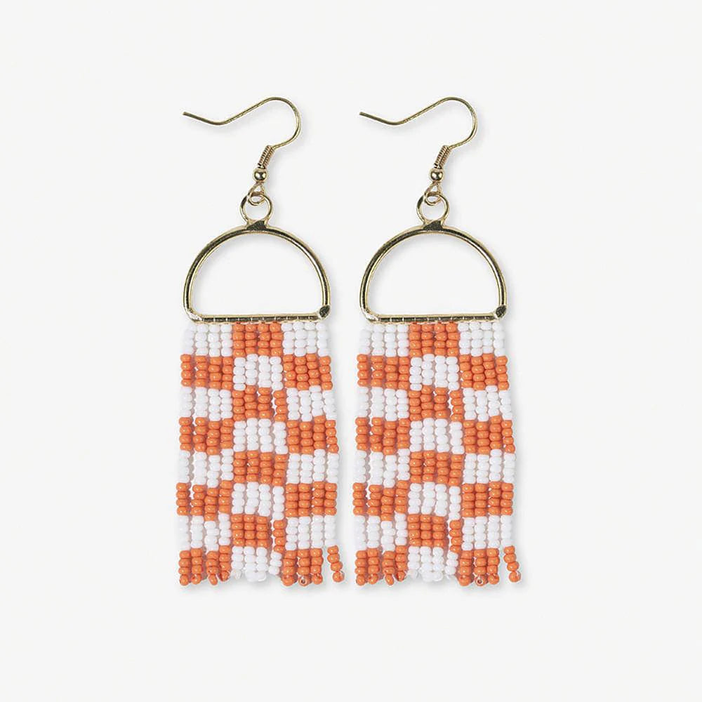 Orange checkered beaded fringe earrings with gold brass arch