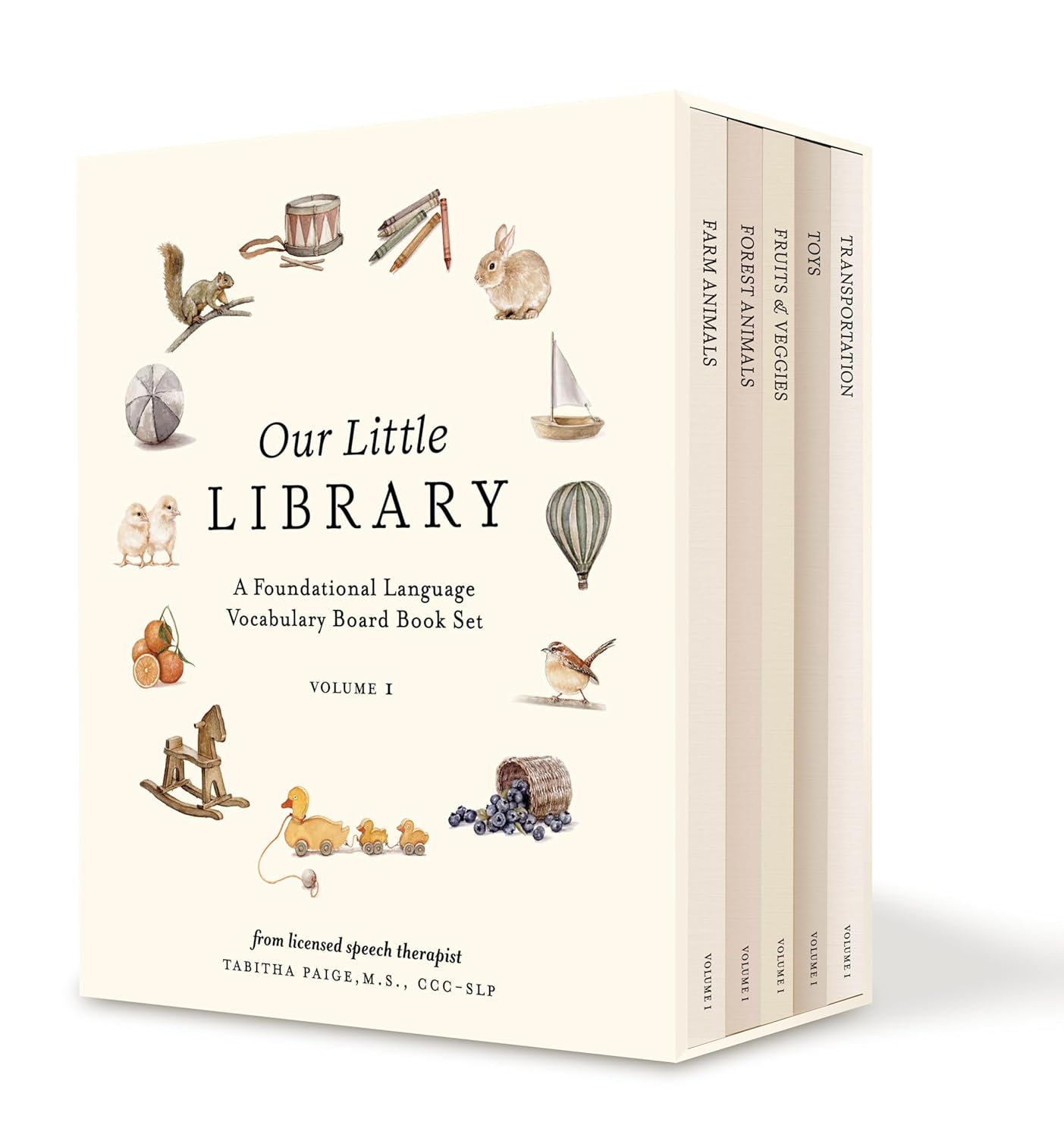 Box set of 'Our Little Library' children's books with illustrations on a white background