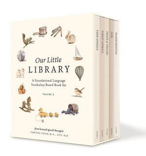 Box set of 'Our Little Library' children's books with illustrations on a white background