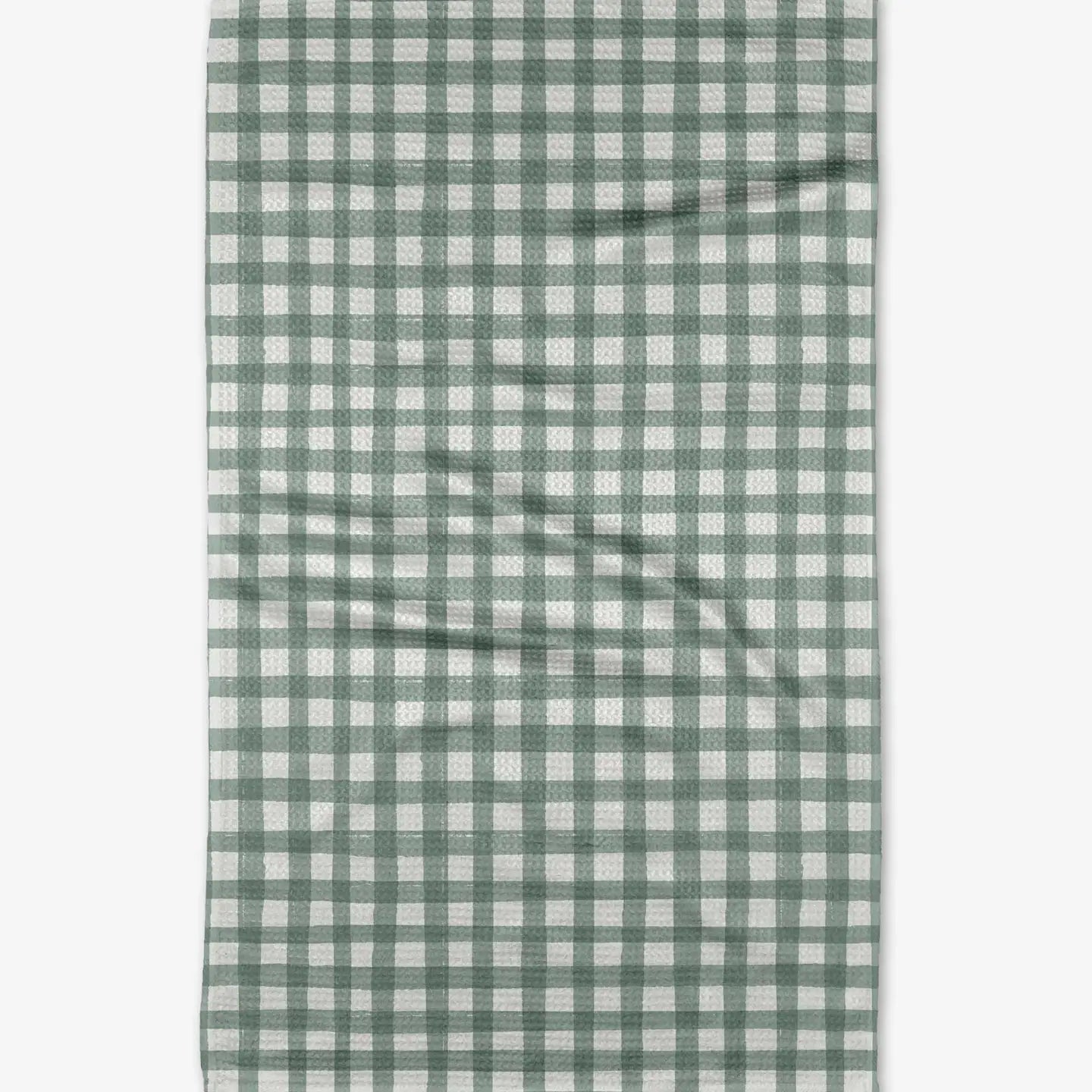 Green and white checkered tea towel on a white background