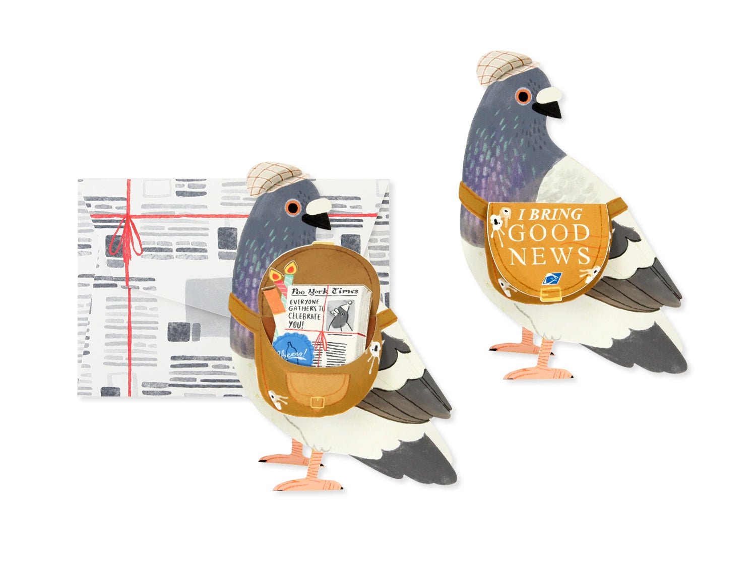 Pop up greeting card of a messenger pigeon wearing satchel with good news. Newspaper envelope included. 