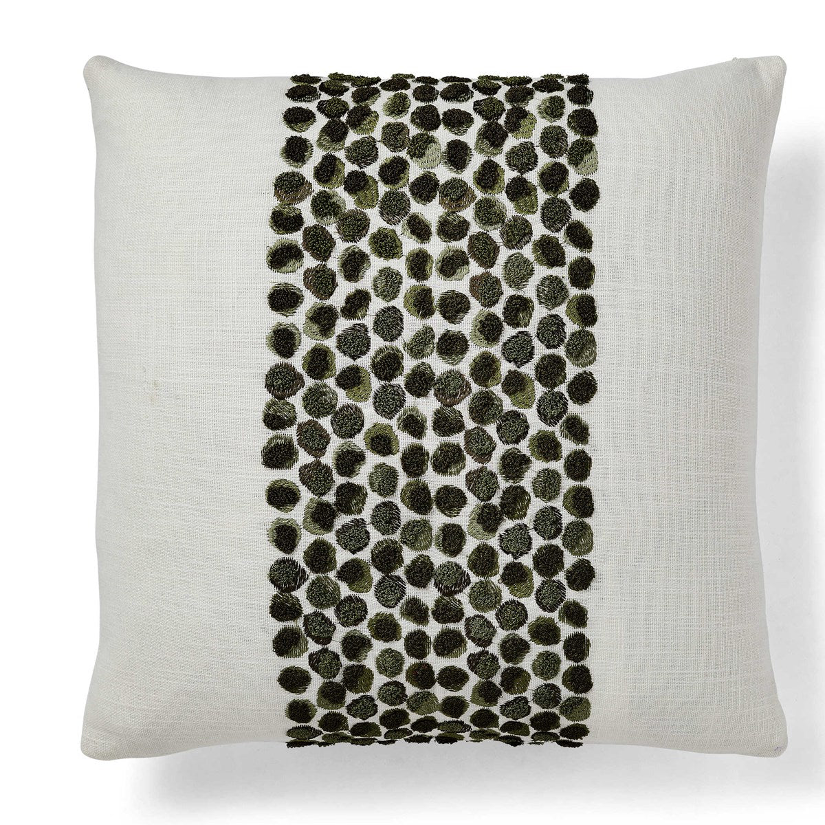 White pillow featuring boucle green spots in a center stripe.
