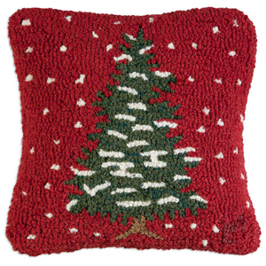 Hooked wool Christmas tree pillow in red, white, and green. Chandler 4 Corners