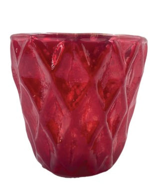 A small red embossed textured tea light holder with a diamond-patterned design, shown against a plain white background.
