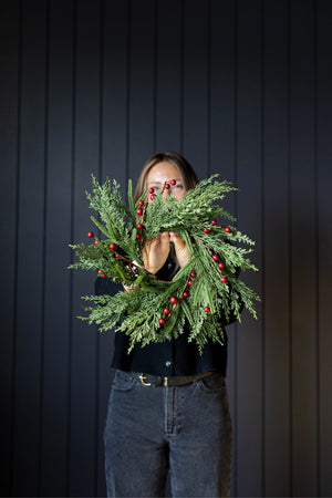 Red Plum Berry Norfolk Cypress Wreath