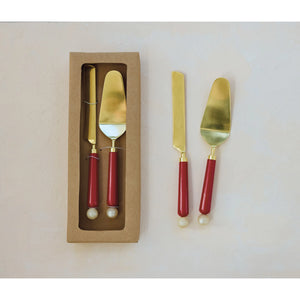 red and gold dessert serving utensil set including cutting knife and server. 