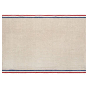 Natural linen colored tea towels with red, white, and blue border accent stripe. 