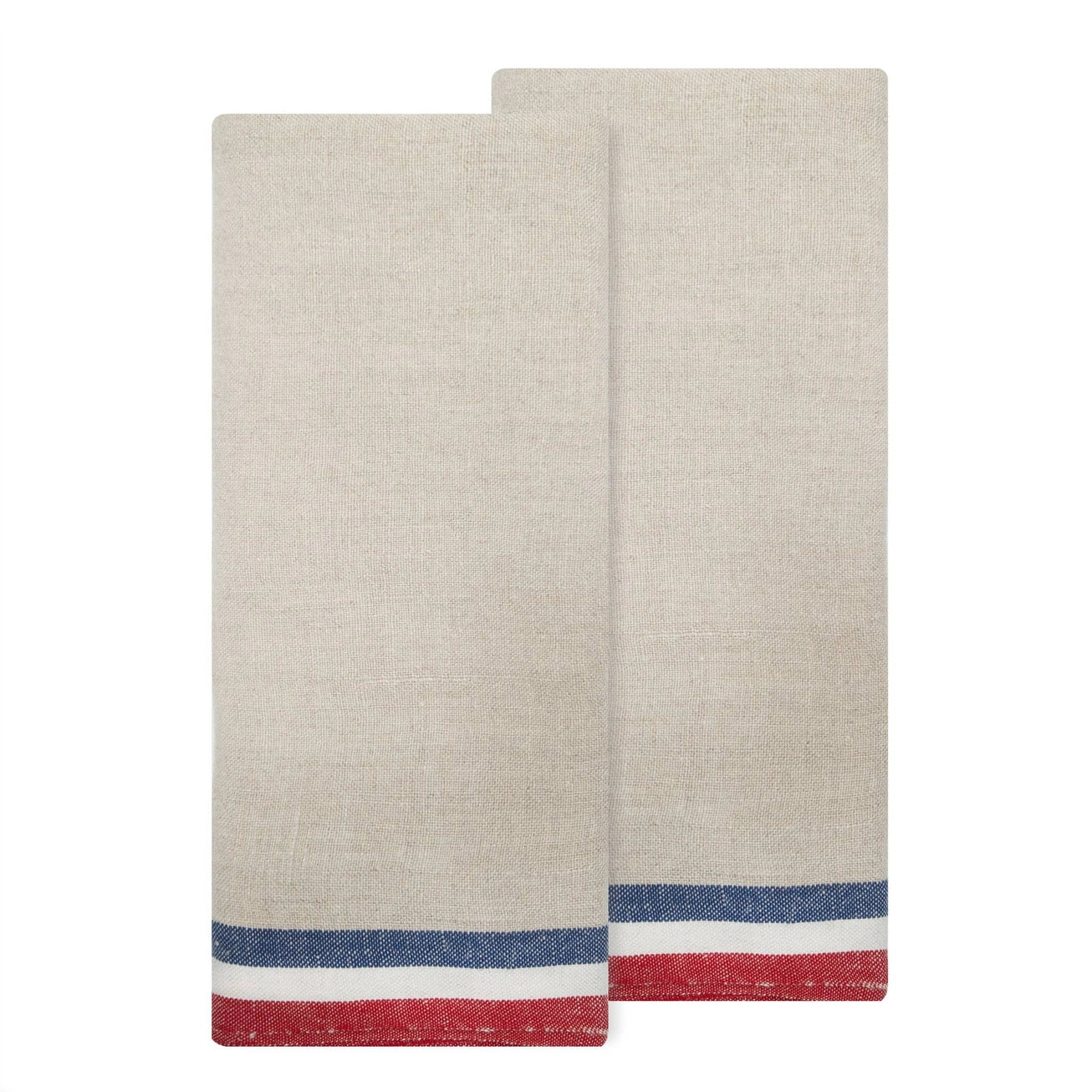 Two natural linen and cotton tea towels with red, white, and blue striped edge detailing on a white background. 