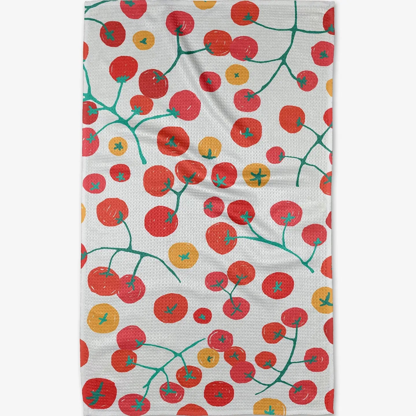 Tea towel with cherry tomato vine pattern on a white background
