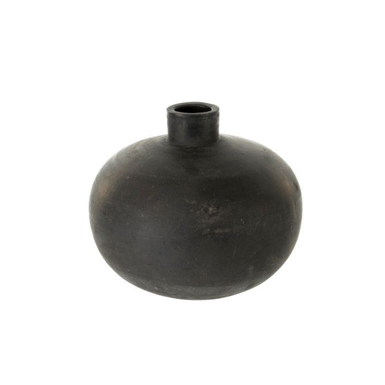 round burnt matte black terracotta vase