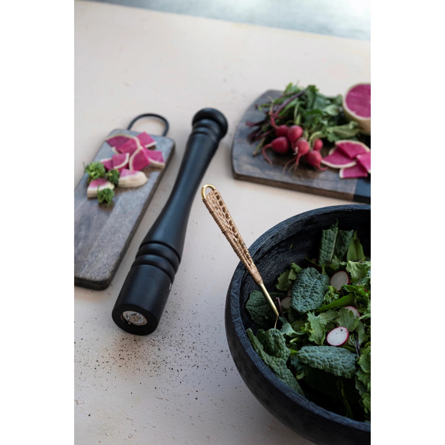 High end rubberwood salt or pepper mill in black. Elevated kitchen decor. Home decor. Modern kitchen accessories. 