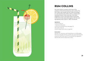 Rum Collins cocktail recipe with a glass of lemonade, cherry, and straw on a green background