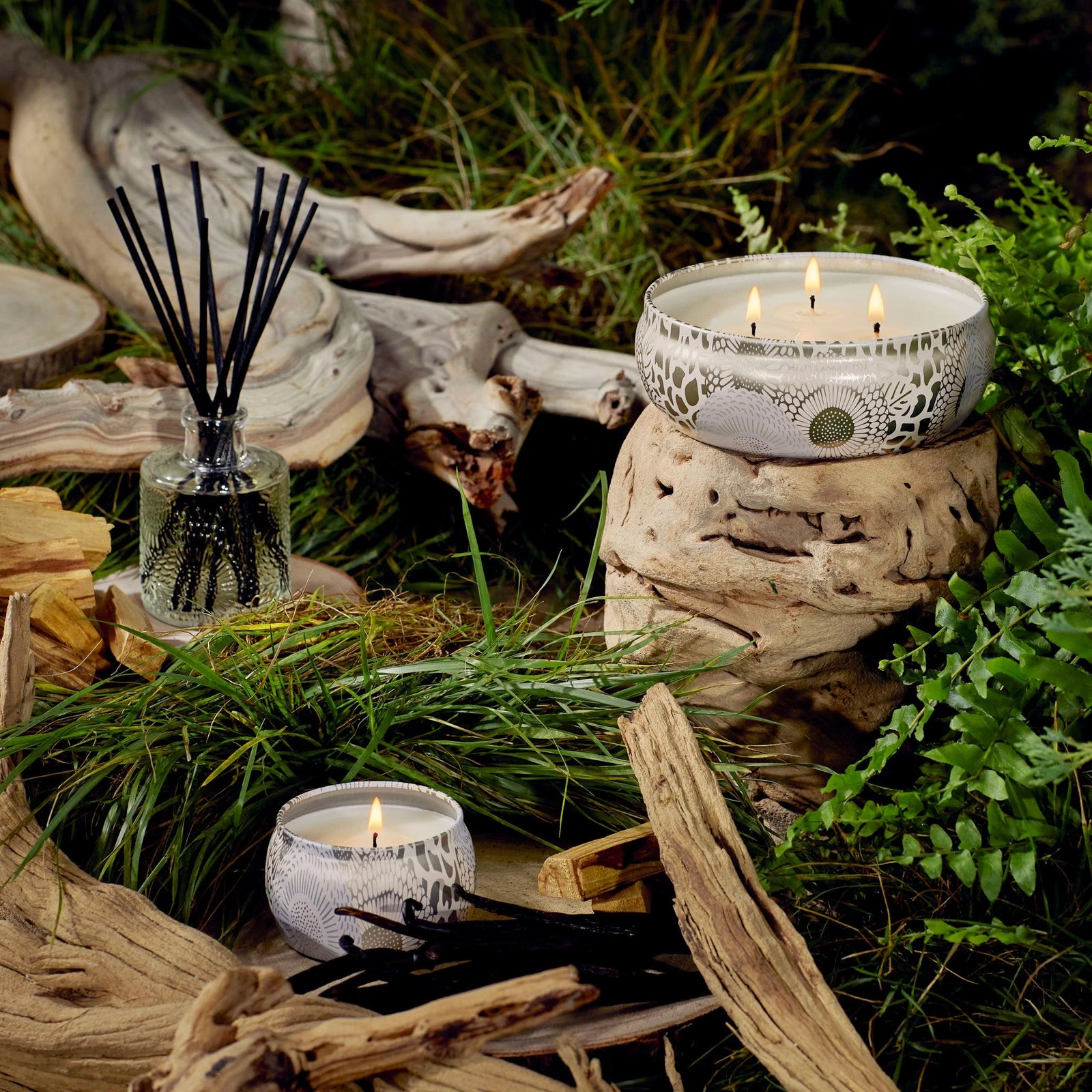 Santal Vanille candles and diffuser in a natural setting with driftwood and plants. Voluspa. 