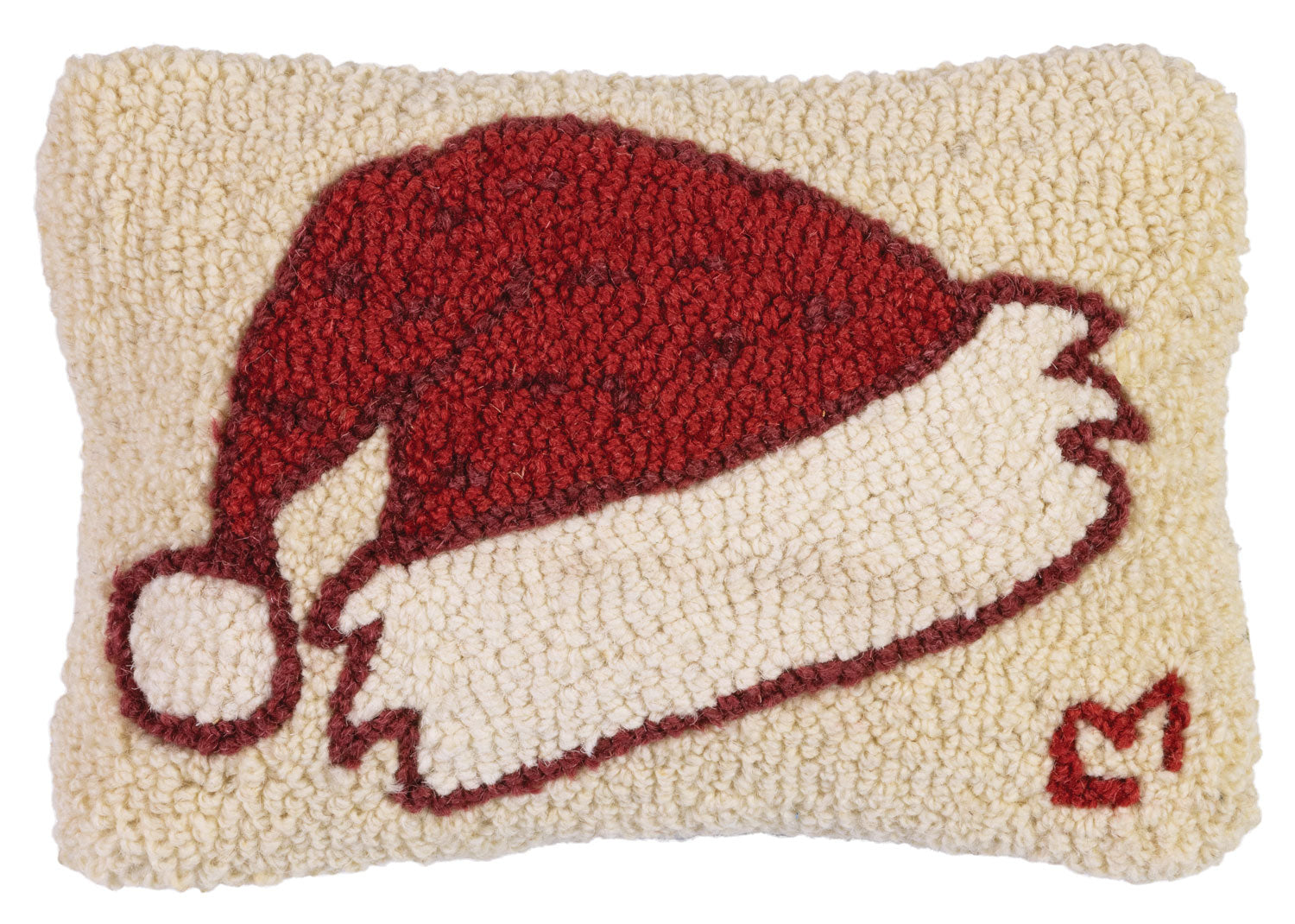 eight by twelve hand-hooked throw pillow featuring a red and cream Santa hat design on a cream background. Chandler 4 Corner.