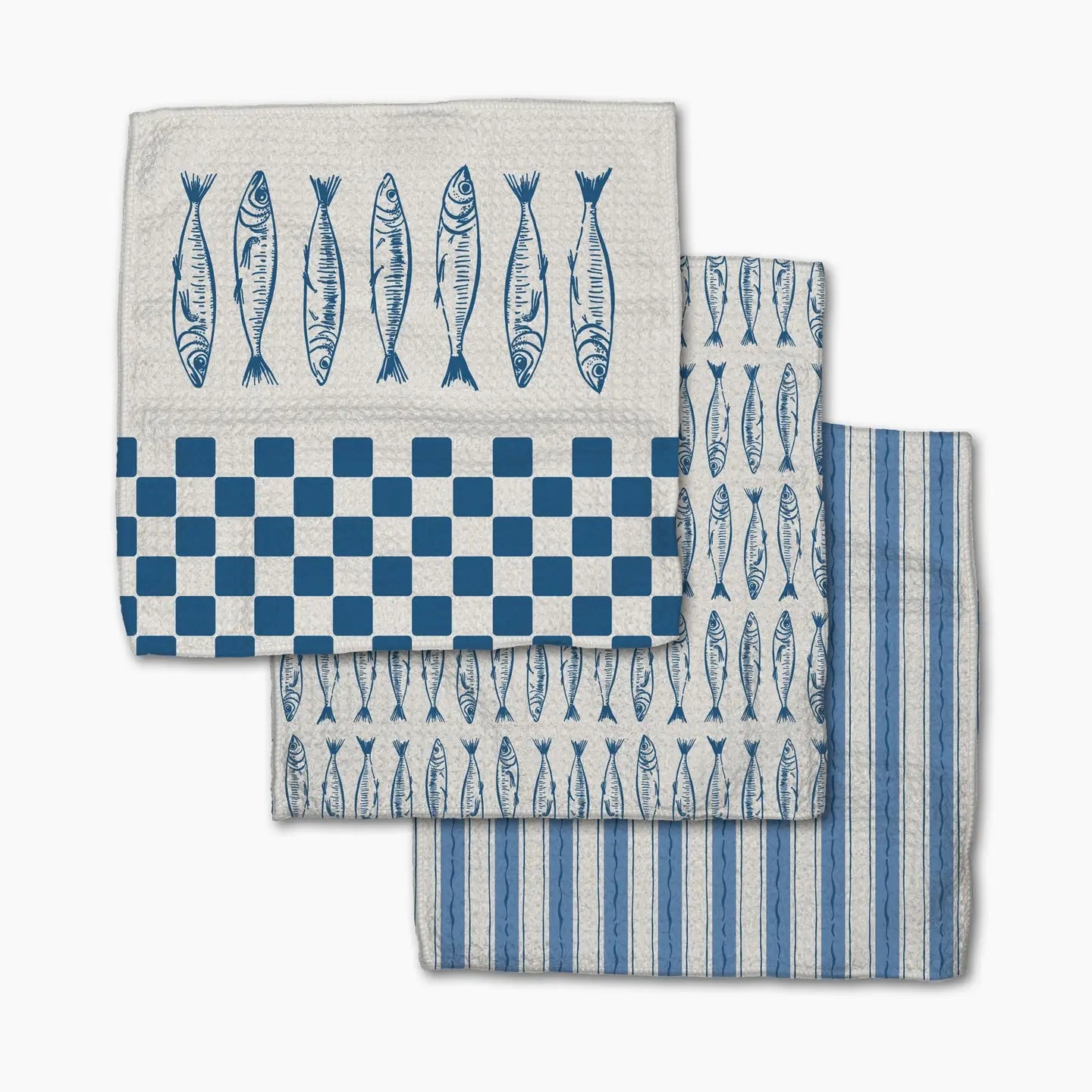Set of three kitchen towels with blue fish, striped, and checkered patterns on a white background