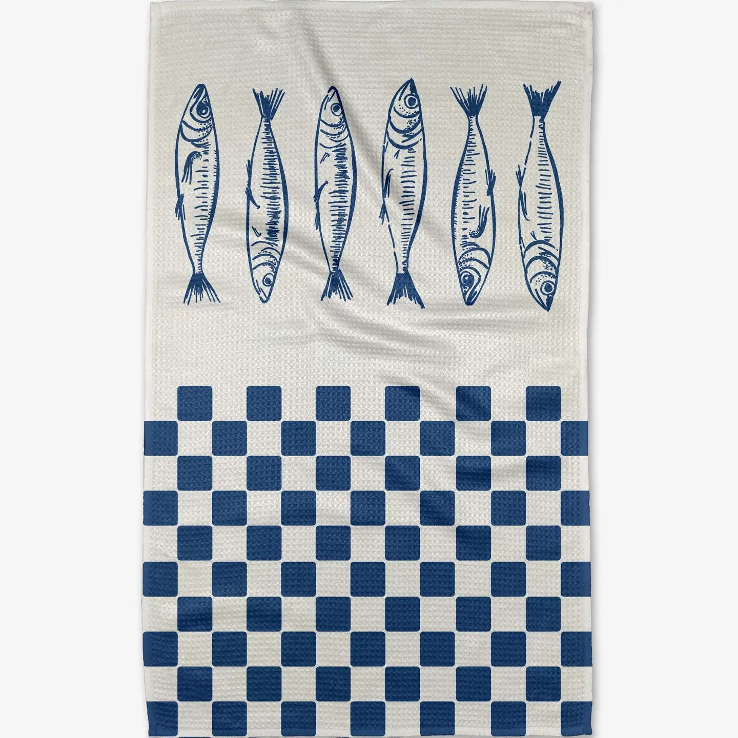 Towel with blue fish illustrations and a blue and white checkered pattern