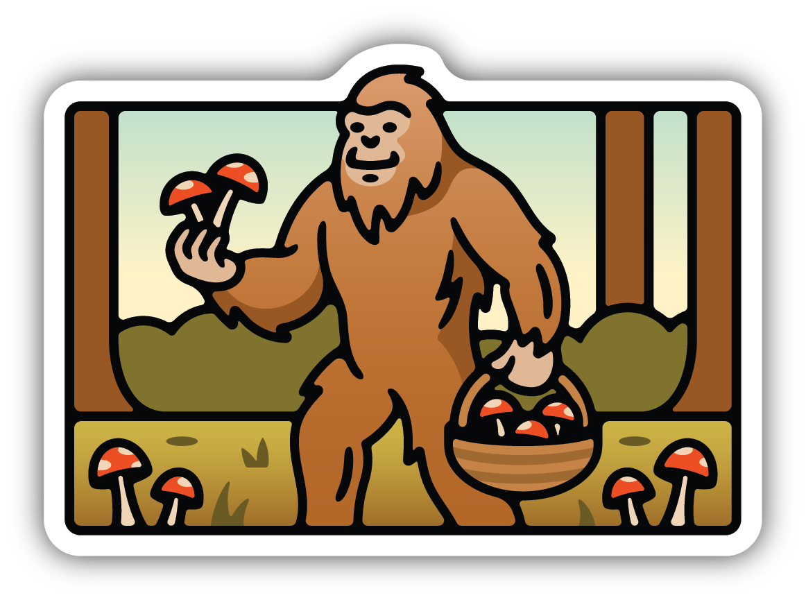 Mushroom-Picking Sasquatch Sticker