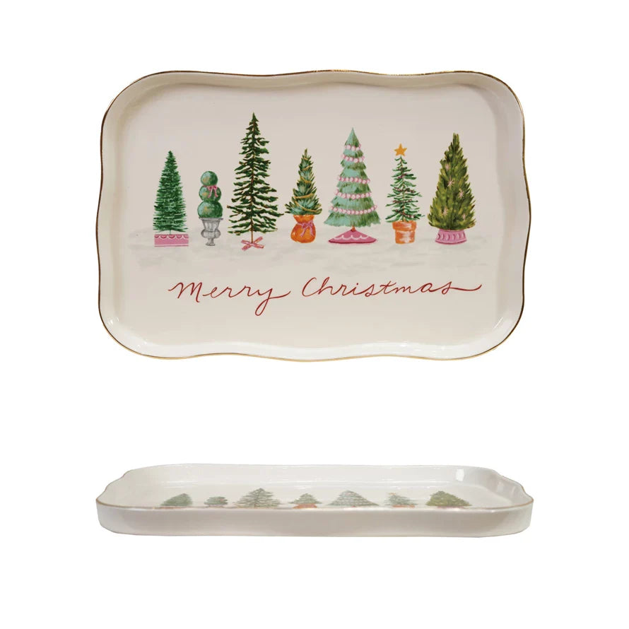 Festive Trees Scalloped Stoneware Serving Platter