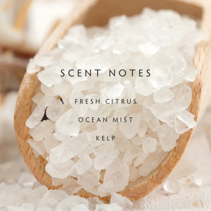 Wooden spoon filled with white sea salt crystals with text 'SCENT NOTES FRESH CITRUS OCEAN MIST KELP' on a blurred background.
