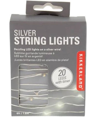 Kikkerland silver string lights packaging with clear window