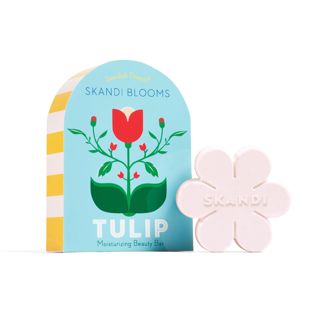 Scandinavian moisturizing beauty bar soap in "Tulip" scent. Individual bar soaps come in shape of a daisy flower. 