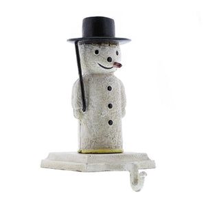 Painted cast iron snowman stocking hanger with black top hat and cigar.