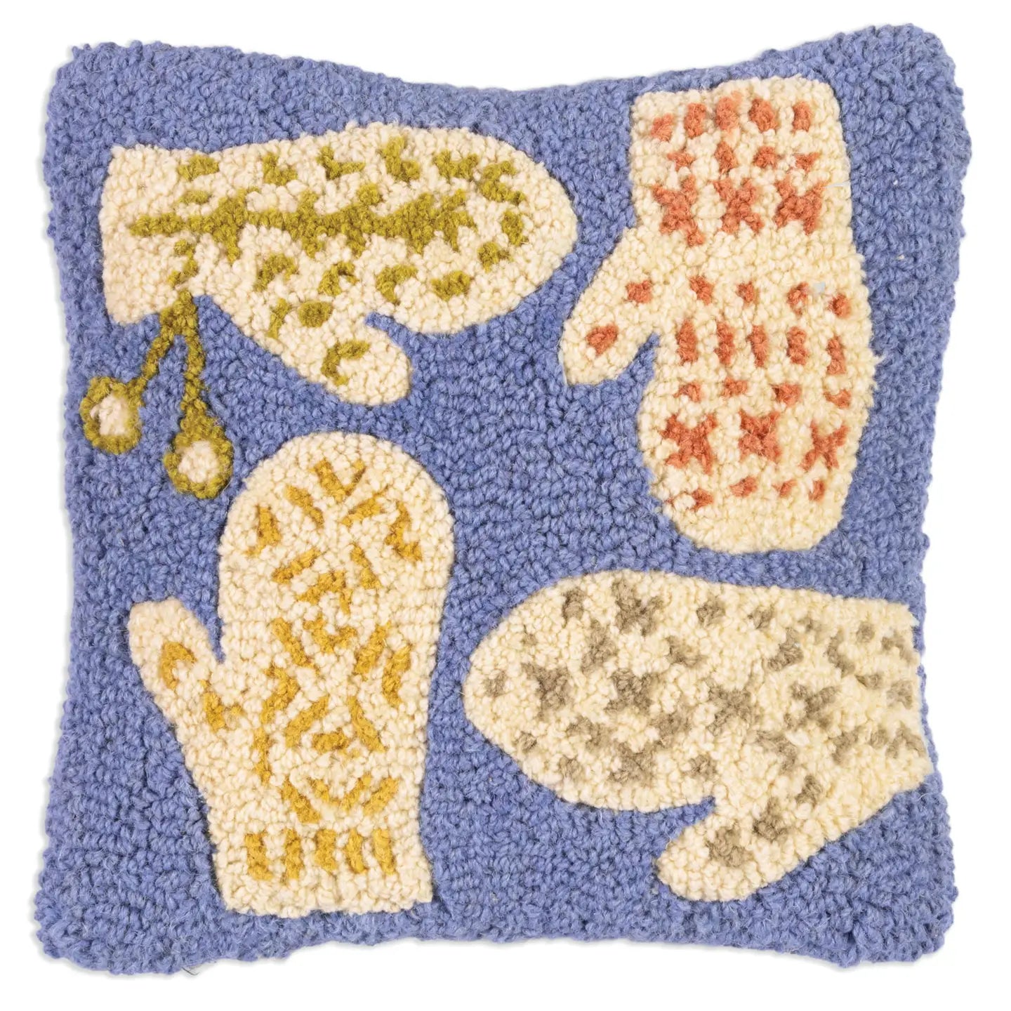 Decorative square wool pillow with snow mittens on a blue background. Chandler 4 Corner. 