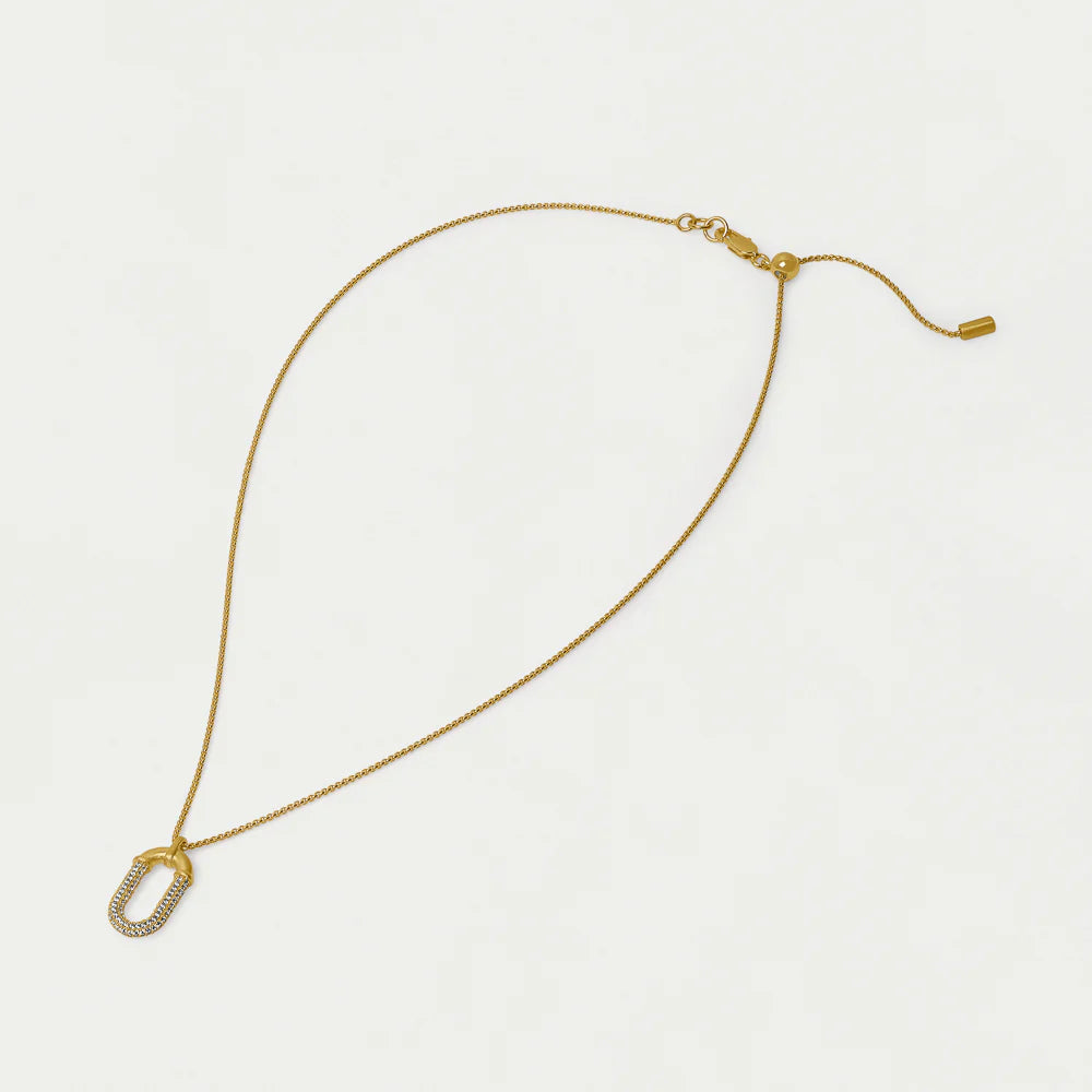 Gold chain link necklace with circular pave embellished center pendant. Dean Davidson jewelry